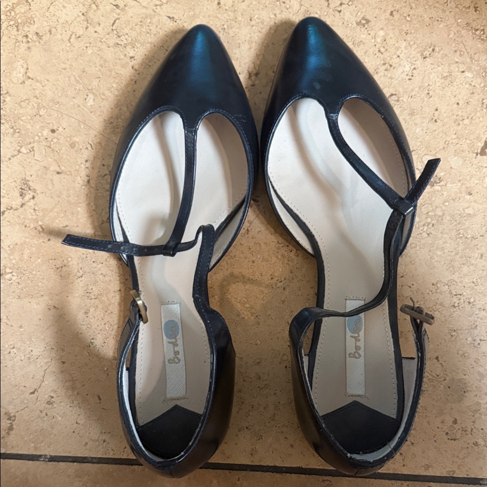 Boden Black Leather Flats with Ankle Strap
